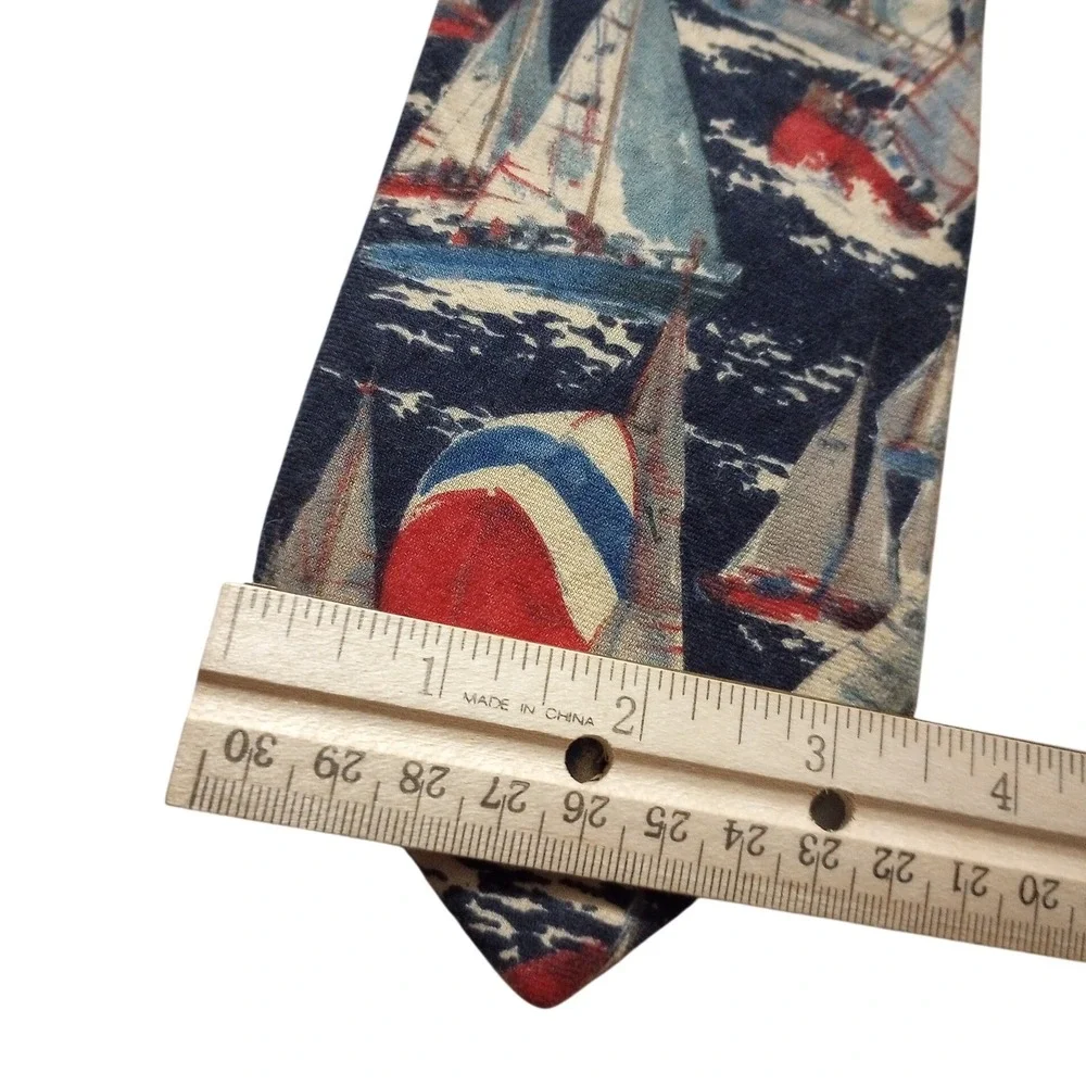 Lands End Mens Sailboat Regatta Print Cotton Tie Navy Red White Handsewn USA